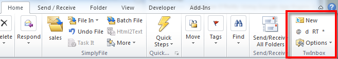 TwInbox buttons on Outlook Ribbon